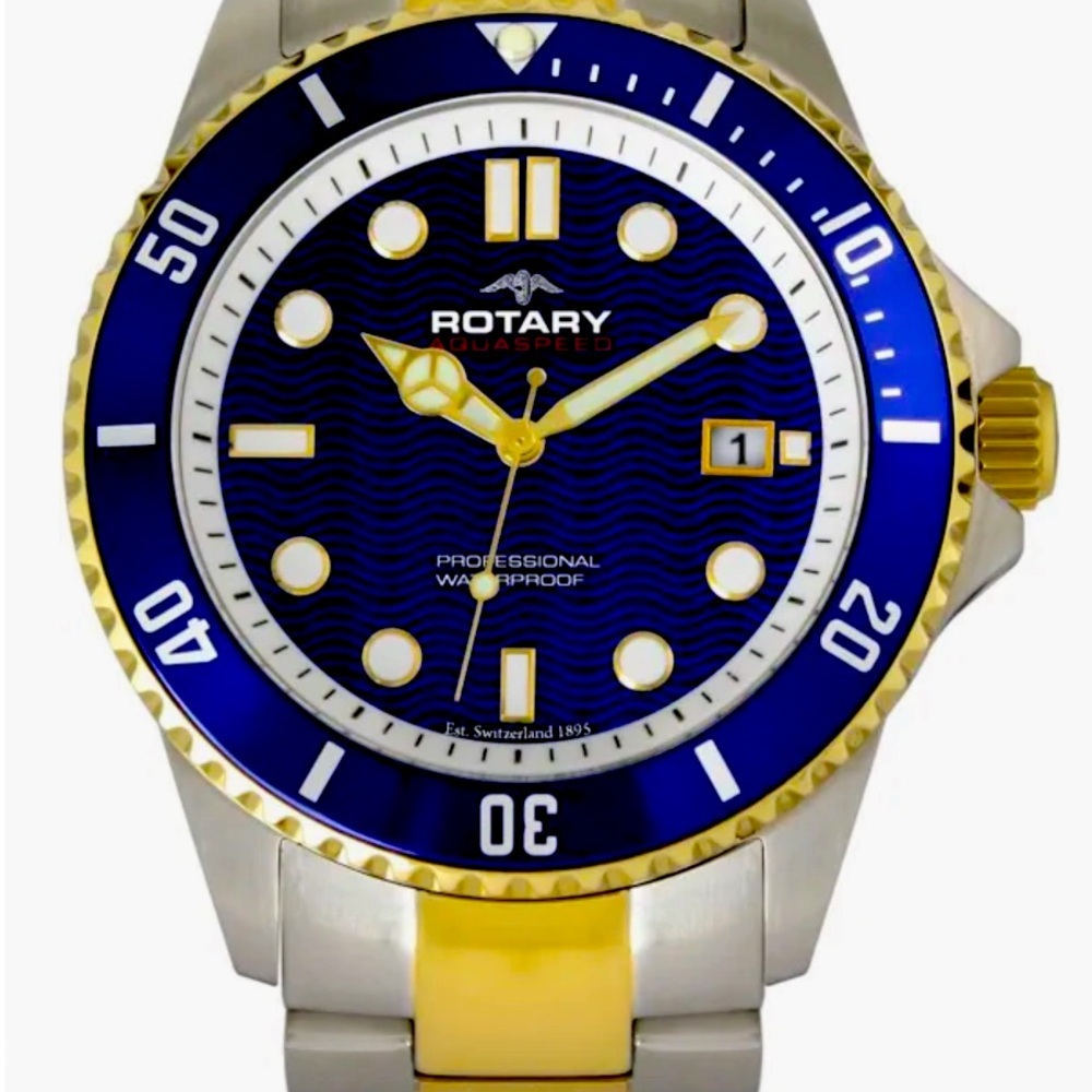 Rotary, silver and gold with blue accents men’s watch